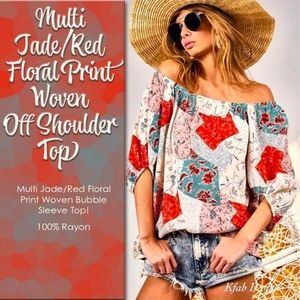 Multi Jade/Red Floral Print Woven Off Shoulder Top